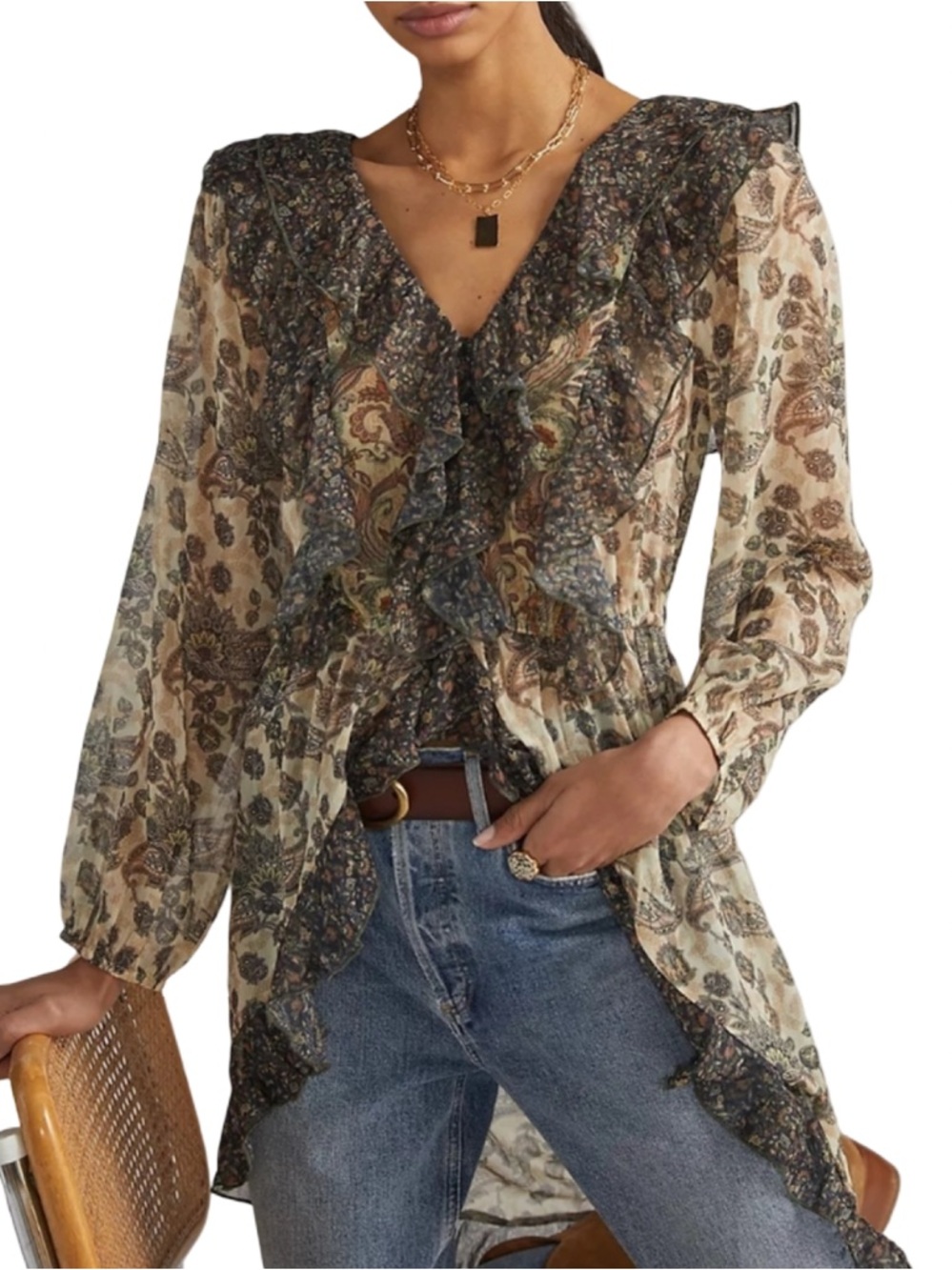 🍈🍂 Anthropologie Sheer Floral Ruffle Tunic Blouse green high-low maxi top 🍂🍈